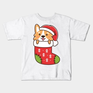 Corgi puppy in christmas sock Kids T-Shirt